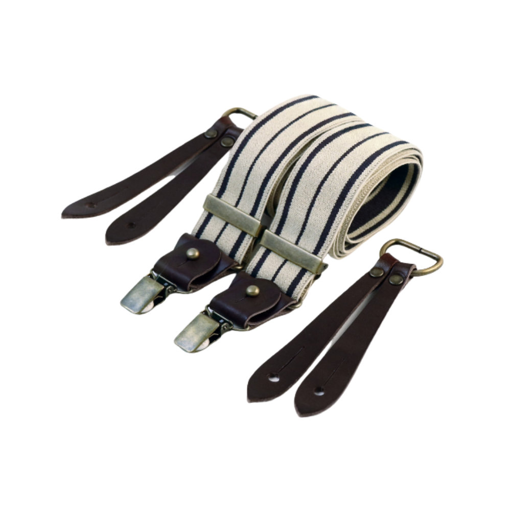 Wide clip-on suspenders Selvedge buffalo leather - Navy blue stripe on ecru